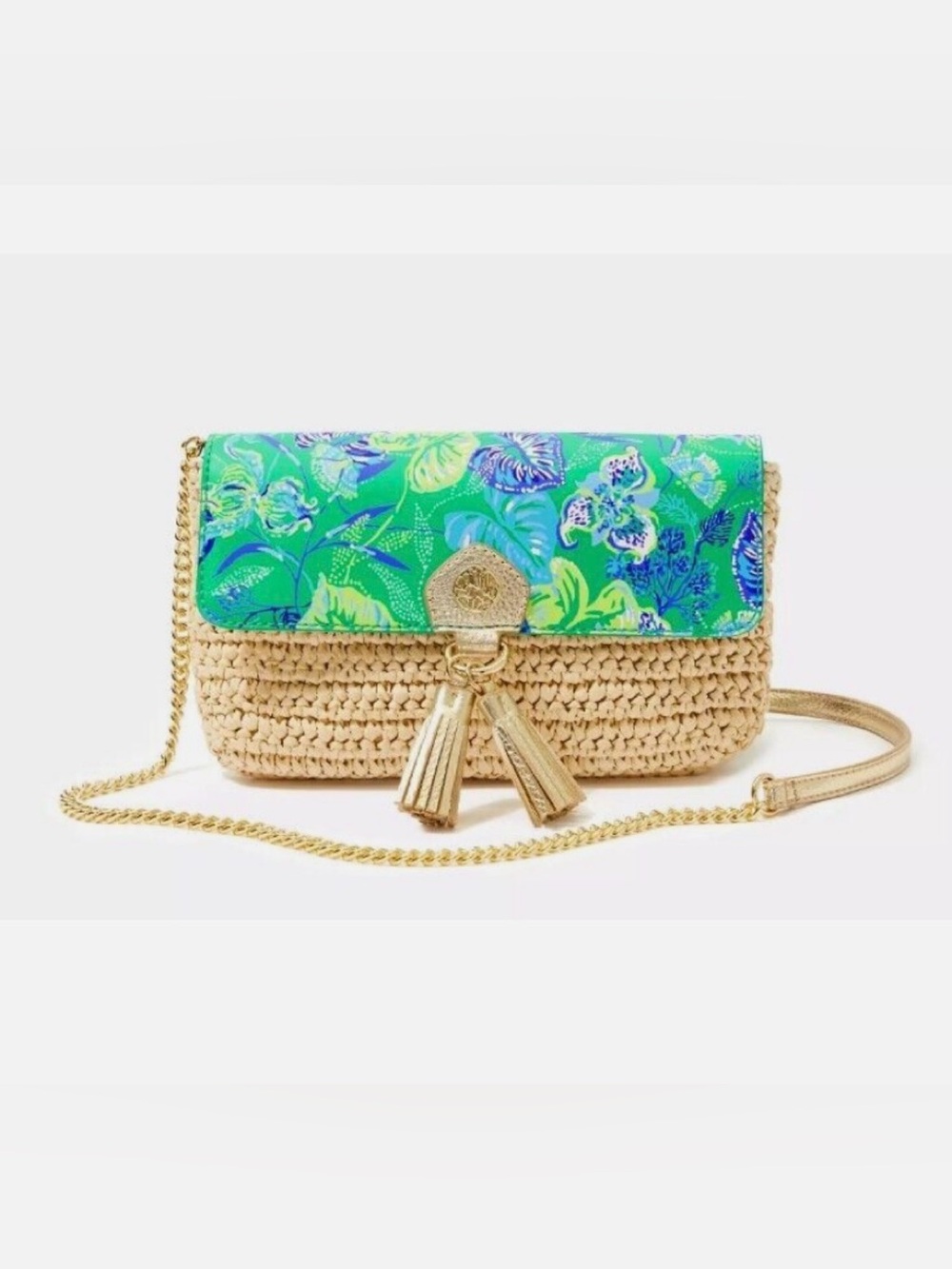 NWT Lilly Pulitzer Botanical Green in a flutter Straw crossbody purse bag